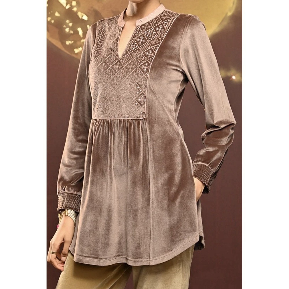 Lakshita Chocolate Brown Velvet Tunic Embroidered Sequin Regency Boho